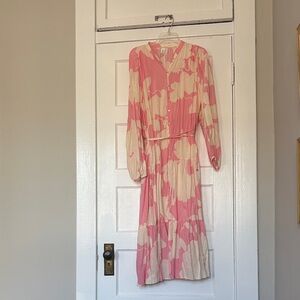 H&M Pink and Cream Long Sleeve Midi Dress